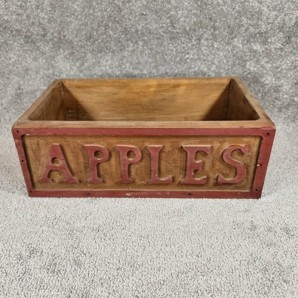 Wooden Apple Crate Brown Red Carved Rustic Farmhouse Decor Box